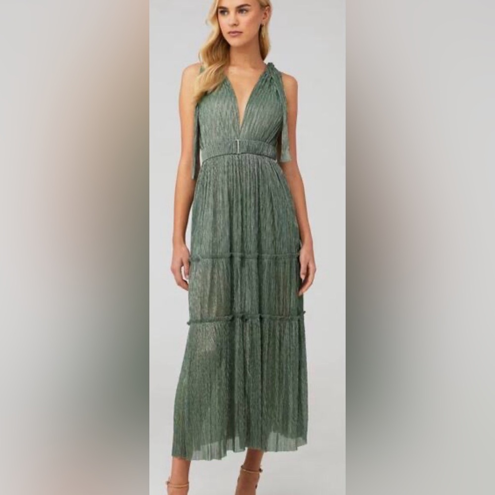 Sabina Musayev Sage Green Pleated Backless Maxi Dress